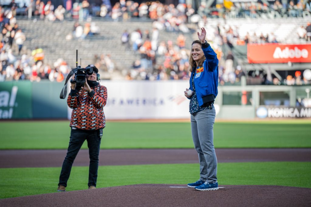 Astronaut Nicole Mann Throws First Pitch at Giants-Angels Game  